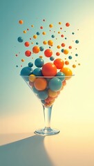 A narrow glass funnel blocking colorful idea spheres from passing through, symbolizing innovation bottlenecks