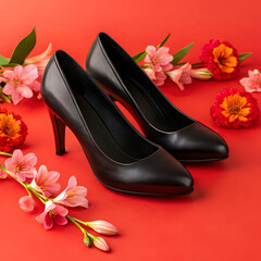 beautiful black female shoes and flowers