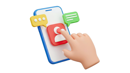 3D Render of Hand Interacting with Social Media Icons on Phone