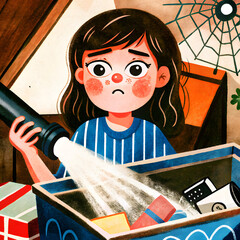 Concerned young girl looking into a box with a flashlight, discovering hidden treasures in an attic