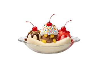 Banana split set against a white background