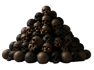 Pyramid of Dark Skulls with Glowing Orange Eyes Isolated on Transparent Background Isolated on Trans