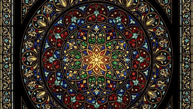 Intricate rose window with jewel-toned stained glass and golden filigree - a masterpiece of gothic architecture