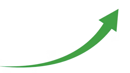 Green upward arrow on transparent background, curved growth trend icon, rising business success symbol for charts and analytics
