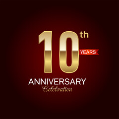 10th Anniversary. Golden number  with sparkling confetti and glitter for celebration events, weddings, invitations and greeting cards illustration