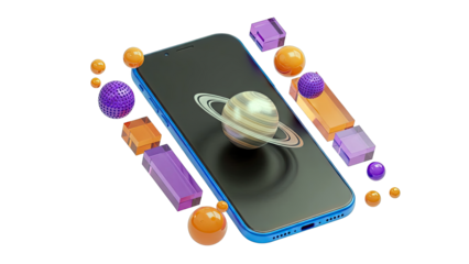 Smartphone with Saturn wallpaper and abstract geometric shapes