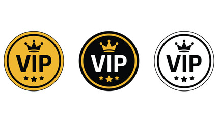 Luxury VIP membership badge set, gold, black, and white circular labels with crowns and five stars, vector illustrations designed for premium service branding