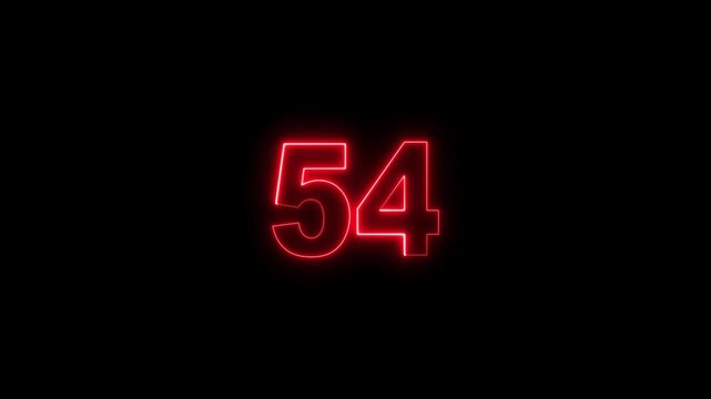 Neon Number 54 Glowing Digits on Black Background, Futuristic Neon Light Numeric Symbol for Countdown, Score, Achievement and Digital Interface Design