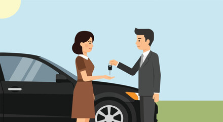 Professional man in business attire handing over car keys to a smiling female client next to a new black car, symbolizing a successful vehicle transaction, purchase, rental, or handover process