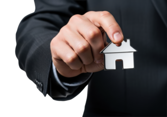 ultra close-up of a professional caucasian male hand in a charcoal suit presenting a reflective, house-shaped silver key against a transparent background with copy space. concept of successful real
