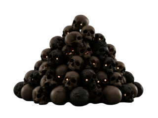 Pile of Dark Human Skulls with Glowing Eyes, Horror Concept Isolated on Transparent Background Isola