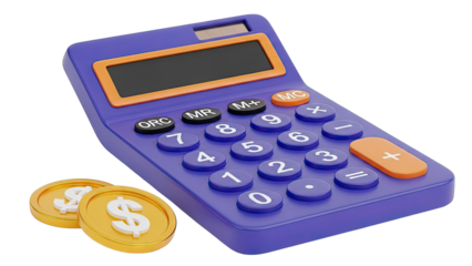 Purple calculator with gold dollar coins