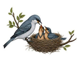 Parent Bird Feeding Hungry Baby Chicks in Nest on Branch Isolated on Transparent Background Isolated