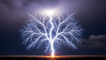 Stunning lightning bolt tree like formation illuminating dark sky with vibrant electric blue branches and intense energy release