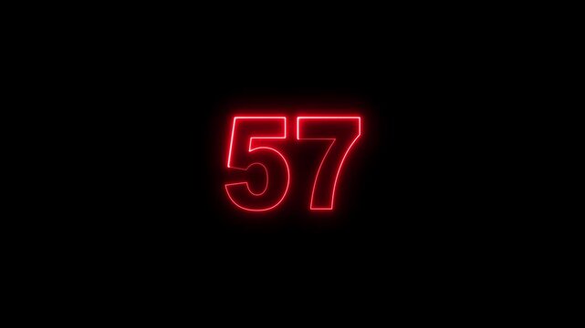 Neon Number 57 Glowing Digits on Black Background, Futuristic Neon Light Numeric Symbol for Countdown, Score, Achievement and Digital Interface Design