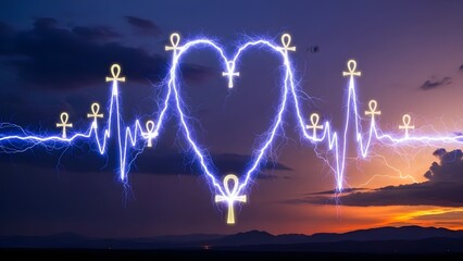 Vibrant heart shaped ecg waveform with ankh symbols surrounded by electric blue lightning at dusk
