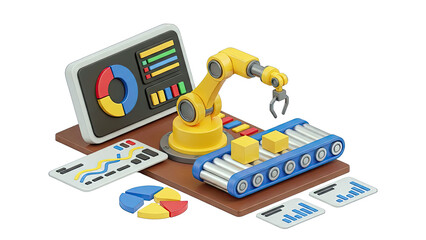 Robotic Arm on Conveyor Belt with Data Visualizations