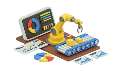 Robotic Arm on Conveyor Belt with Data Visualizations