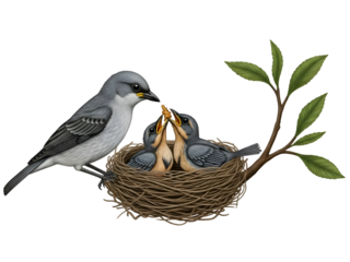 Caring Bird Parent Feeding Hungry Chicks in a Woven Nest on Branch Isolated on Transparent Backgr...