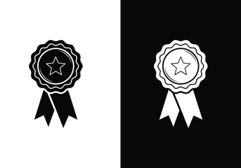 Simple black rosette award icon with star and ribbon on a clean white background