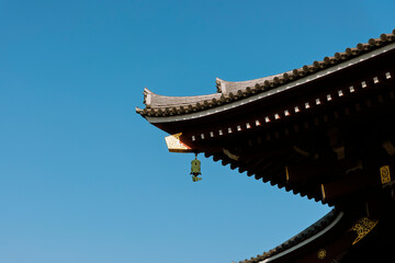 Rooftop Eaves of a Japanese Temple Building Under a Blue Sky.
