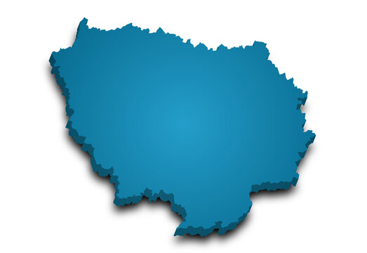3d Ile-de-France map, departments and prefectures of the Paris Region. Ile de france region administrative map.