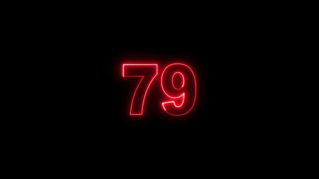Neon Number 79 Glowing Digits on Black Background, Futuristic Neon Light Numeric Symbol for Countdown, Score, Achievement and Digital Interface Design