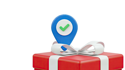 Gift Box with Location Pin and Check Mark Icon