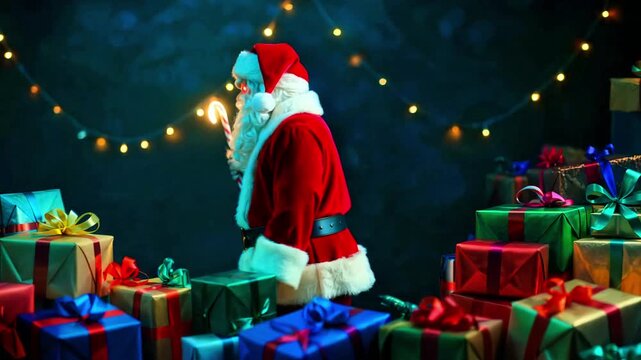 Intense portrait of a fierce Santa Claus figure holding a glowing candy cane wand surrounded by brightly wrapped Christmas presents under festive lights.