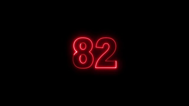 Neon Number 82 Glowing Digits on Black Background, Futuristic Neon Light Numeric Symbol for Countdown, Score, Achievement and Digital Interface Design