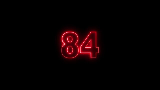 Neon Number 84 Glowing Digits on Black Background, Futuristic Neon Light Numeric Symbol for Countdown, Score, Achievement and Digital Interface Design