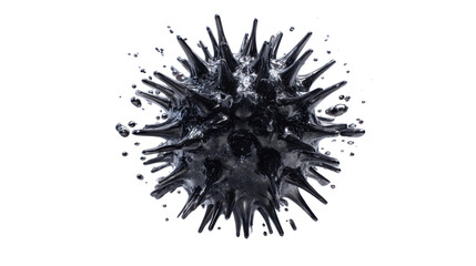 Microbe organism with spiked surface and liquid drops, representing a virus, infection, or disease on a transparent background