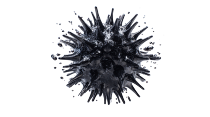 Microbe organism with spiked surface and liquid drops, representing a virus, infection, or disease on a transparent background