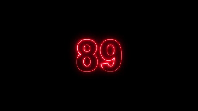 Neon Number 89 Glowing Digits on Black Background, Futuristic Neon Light Numeric Symbol for Countdown, Score, Achievement and Digital Interface Design