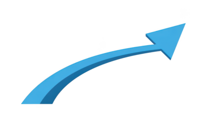 Blue upward curved arrow icon on transparent background, blue gradient swoosh, right pointing growth direction symbol for business charts and ui design
