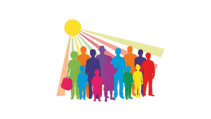 Multicultural community and diverse family group silhouettes under sunburst vector graphic isolated PNG with Transparent Background