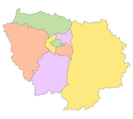 Obraz premium Ile-de-France map, departments and prefectures of the Paris Region. Ile de france region administrative map.