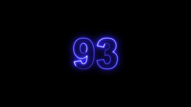 Neon Number 93 Glowing Digits on Black Background, Futuristic Neon Light Numeric Symbol for Countdown, Score, Achievement and Digital Interface Design