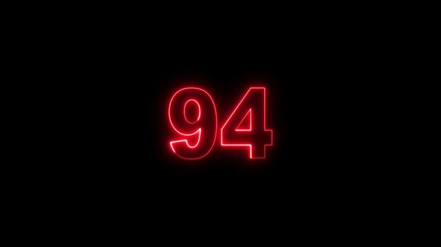 Neon Number 94 Glowing Digits on Black Background, Futuristic Neon Light Numeric Symbol for Countdown, Score, Achievement and Digital Interface Design