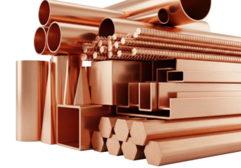 precisely stacked highly reflective copper industrial pipes, rebar, and hexagon bars on an immaculate infinity white background emphasizing geometry, concept of high-quality construction materials