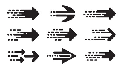 Dynamic collection of black speed arrows with motion trails indicating fast forward movement, rapid delivery service, and futuristic progress direction.