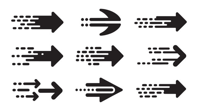 Dynamic collection of black speed arrows with motion trails indicating fast forward movement, rapid delivery service, and futuristic progress direction.