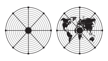 Radar screen interface with polar grid and world map silhouette aiming at global navigation and international monitoring targets.