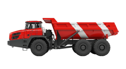 A massive multi-axle articulated dump truck with a glossy red cab and striped dump bed, isolated on a transparent cyclorama background. Concept for heavy machinery advertising