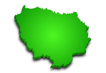 3d Ile-de-France map, departments and prefectures of the Paris Region. Ile de france region administrative map.