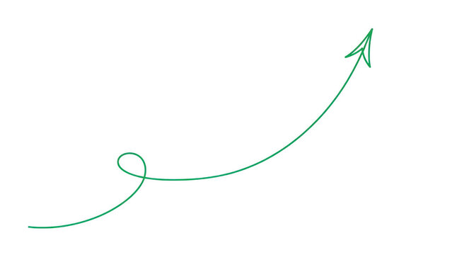 Curved green arrow icon on transparent background, thin hand drawn line with loop, upward right direction pointer for navigation, progress and growth concept

