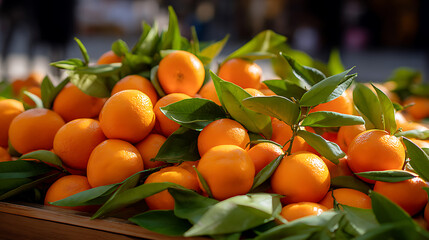 Fresh tangerines with green leaves on wooden table, stock photo