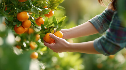A person harvesting ripe tangerines from a tree in a sunny orchard, close-up of hands picking fresh citrus fruits.
