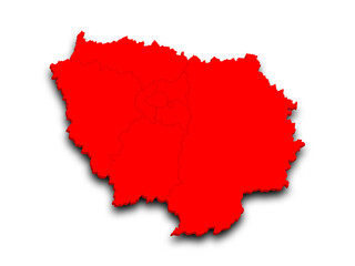 3d Ile-de-France map, departments and prefectures of the Paris Region. Ile de france region administrative map.