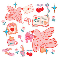 hand drawn vector set of birds vector illustration of a bird with heart, Set of valentines day doodle sticker vector flat illustration. Collection of love symbol and romantic elements cartoon characte